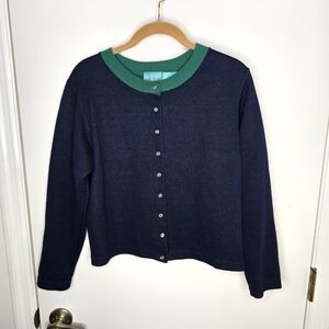 Vintage 80's Laura Peterson Navy Blue and Green Women's Pearl Snap Cardigan